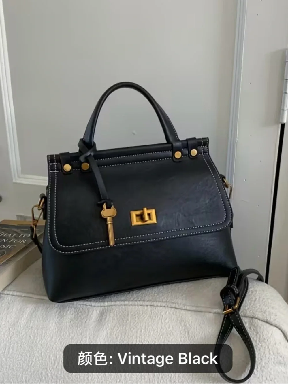 Women’s Black Leather Satchel with Gold Hardware